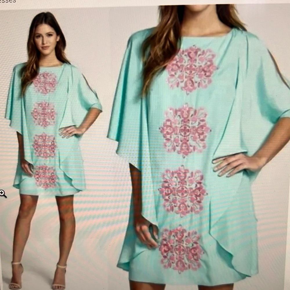 Lilly Pulitzer Aqua cold shoulder dress with hot pink embroidery. Size small